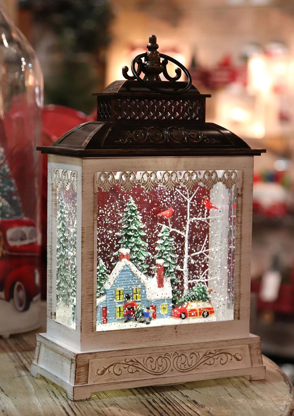 11 Inch Cabin With Red Wagon In The Woods Lighted Water Lantern - Optional Music Setting 1 11 Inch Cabin With Red Wagon In The Woods Lighted Water Lantern - Optional Music Setting