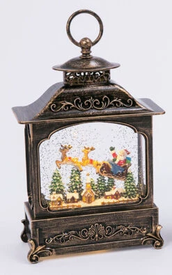 11 Inch Decorative Bronze Water Lantern With Flying Santa In Swirling Glitter -King of Christmas 2499030 santa