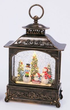 11 Inch Decorative Bronze Water Lantern With Snow Family Sledding In Swirling Glitter -King of Christmas 2499030 snowmen 446x700