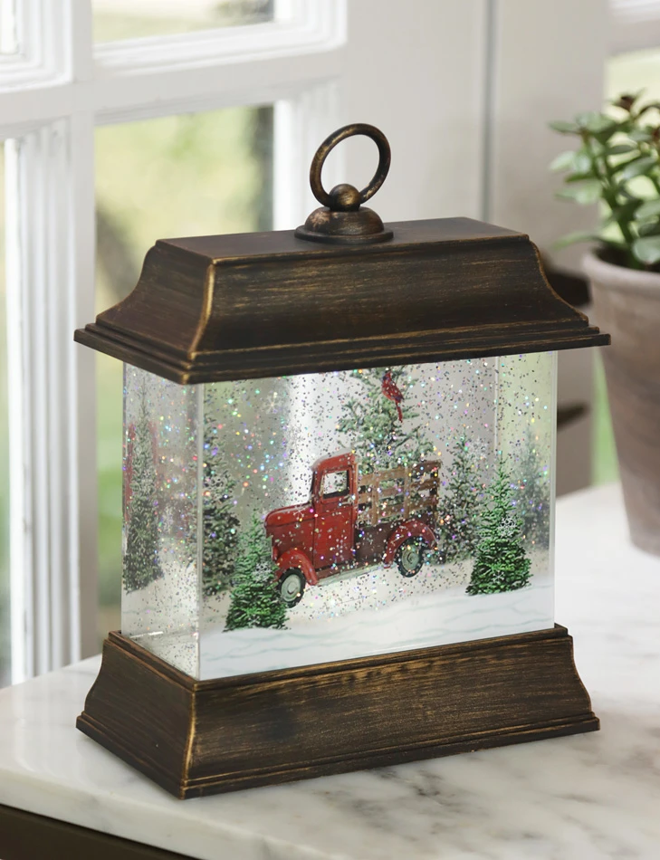 9.5 Inch Woodland Truck Scene Lighted Water Lantern In Swirling Glitter 2 9.5 Inch Woodland Truck Scene Lighted Water Lantern In Swirling Glitter - Image 2