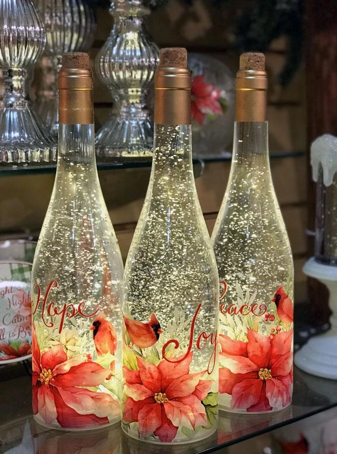 Lighted Wine Bottle With Swirling Glitter Hope Poinsettia Design With Cardinals Snow Globe 2 Lighted Wine Bottle With Swirling Glitter Hope Poinsettia Design With Cardinals Snow Globe - Image 2