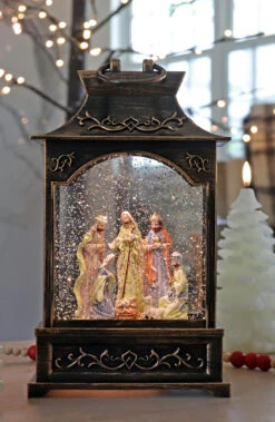 Antique Bronze Nativity Scene Lighted Water Lantern With Swirling Glitter -King of Christmas 2588620 tall