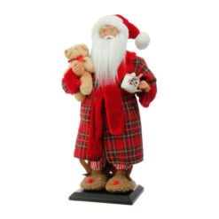 Tall 17.5 Inch Santa Figurine In Robe With Teddy And Hot Cocoa -King of Christmas 3615504