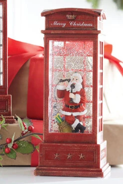 10 Inch Santa In English Phone Booth Musical Lighted Water Lantern With Timer