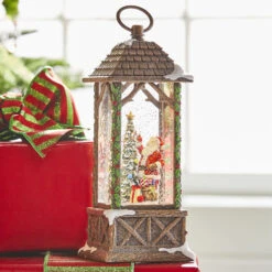 Santa Decorating Christmas Tree Woodland Carved House With Ivy Lighted Water Lantern