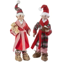 Set Of 2 Assorted 16 Inch Red And Plaid Ready For Bed Posable Elf Christmas Figures -King of Christmas 3902250 raz bedtime elfs