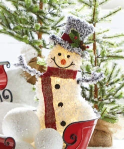 Battery Operated Lighted Flocked Tinsel Snowman With Top Hat 20.5 Inch
