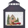 American Christmas Scene Lighted Water Lantern - Barn And Red Truck In Swirling Glitter