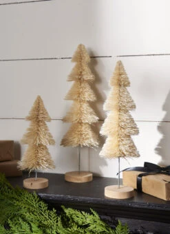 Natural Bottle Brush Trees Set Of 3 With Wood Base - New 2023