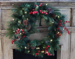 24 Inch Battery Operated Decorative Wreath - 30 LED's - Pine Cones And Red Berries -King of Christmas 75720 front image