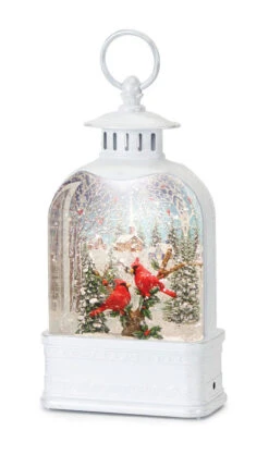 White Lighted Water Lantern With Cardinals And Town Scene Snow Globe - 10.5 Inch