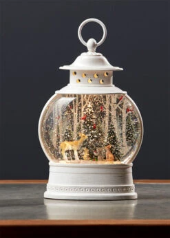 Deer With Forest Animals Snow Globe In White Water Lantern