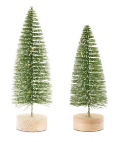 Lighted Bottle Brush Trees Battery Operated - Set Of 2 Green With Timer 10.75 Inch -King of Christmas 81443