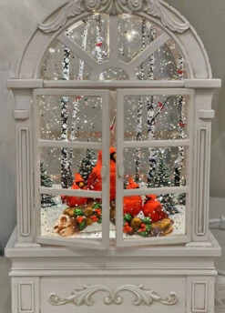 Cardinals In Arched Lighted Water Lantern With Open Shutters - NEW 2023 - USB Included -King of Christmas 90356 1