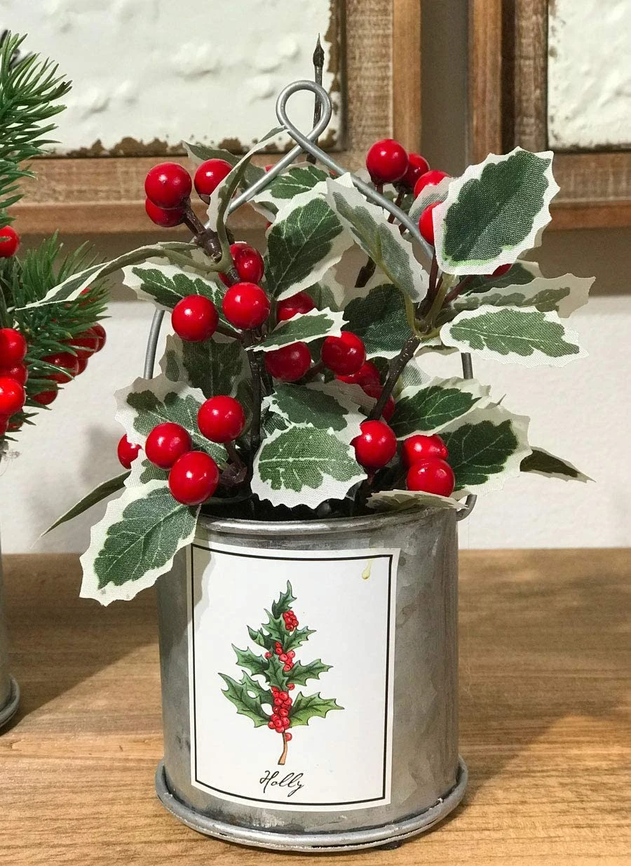 Winterberry, Pine, Holly And Mistletoe Assorted 4 In Galvanized Decorative Buckets 3 Winterberry, Pine, Holly And Mistletoe Assorted 4 In Galvanized Decorative Buckets - Image 3