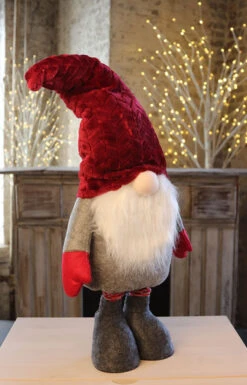 Holiday Gnome With Extendable Legs - Red Hat, Striped Legs - 46 Inch -King of Christmas gnome red hat side