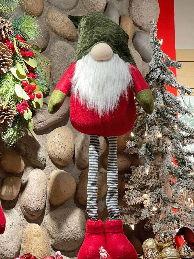 Holiday Gnome With Extendable Legs - Green Hat, Striped Legs - 46 Inch 1 Holiday Gnome With Extendable Legs - Green Hat, Striped Legs - 46 Inch