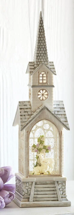 Easter Lamb Lighted Water Church In Swirling Glitter - 15.25 Inch