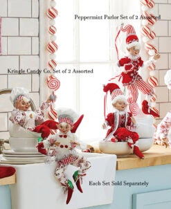 Peppermint Parlor 16 Inch Posable Elf Figurine, Set Of 2 Assorted NEW -King of Christmas peppermint and kringle