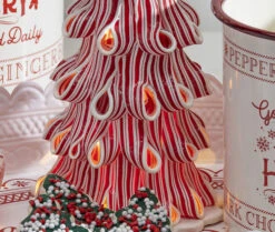 Lighted Peppermint Candy Ribbon Tree - Battery Operated 9.5 Inch -King of Christmas peppermint tree lighted