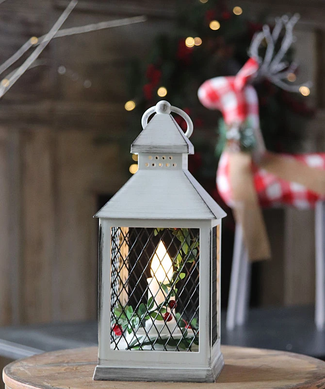 Holiday Brushed White Candle Lantern With Berries And Holly - 9.25 Inch - 8 Hr Timer 1 Holiday Brushed White Candle Lantern With Berries And Holly - 9.25 Inch - 8 Hr Timer
