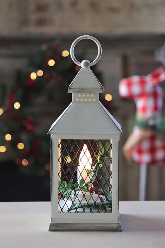 Holiday Brushed White Candle Lantern With Berries And Holly - 9.25 Inch - 8 Hr Timer 2 Holiday Brushed White Candle Lantern With Berries And Holly - 9.25 Inch - 8 Hr Timer - Image 2