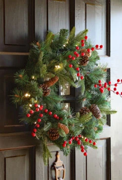 24 Inch Battery Operated Decorative Wreath - 30 LED's - Pine Cones And Red Berries