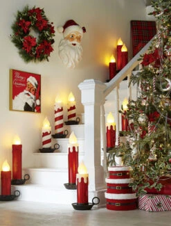 17.5 Inch Large Flickering Flame Red Glitter Christmas Candle -King of Christmas tall and short red white ca