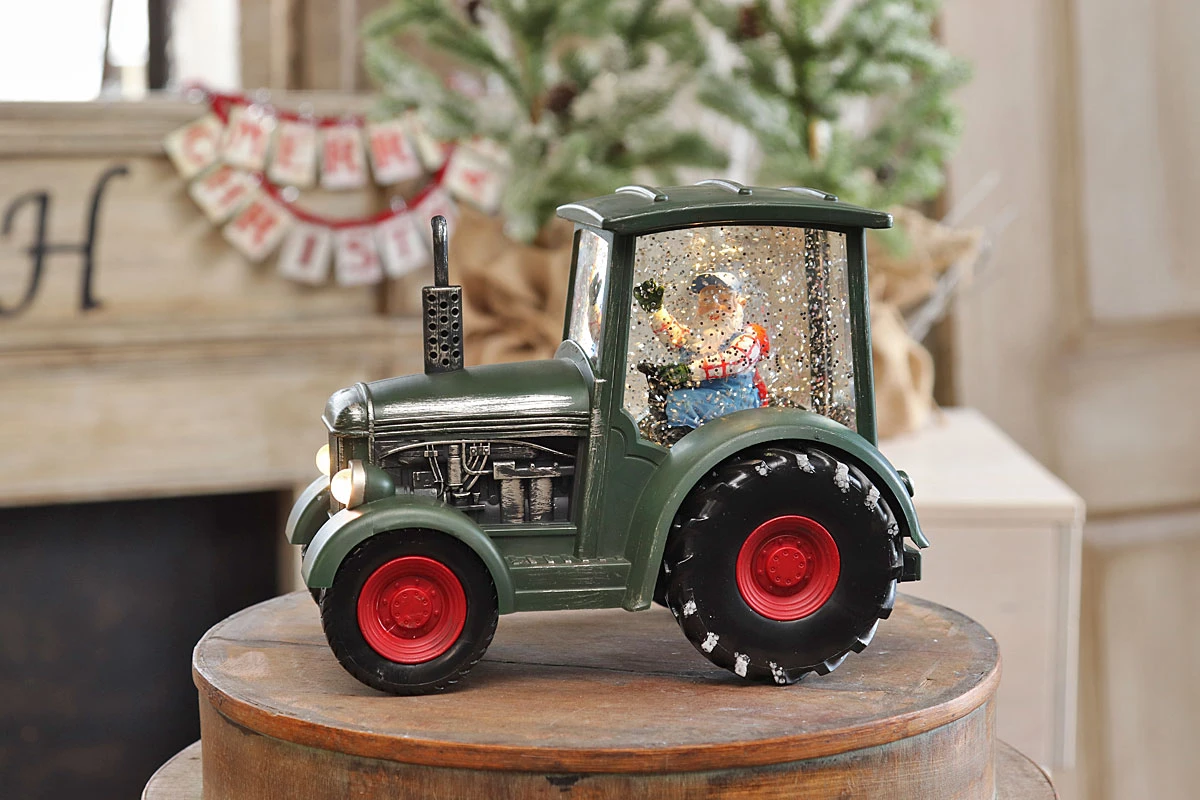 Lighted Green Tractor Water Lantern With Santa In Swirling Glitter 1 Lighted Green Tractor Water Lantern With Santa In Swirling Glitter
